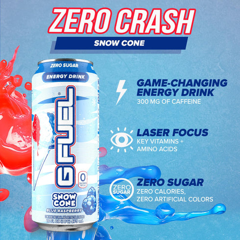 300mg 16 oz 12-Pack) G Fuel Energy Drink, Snow Cone, Sugar Free Beverage with Caffeine, Daily Energy Boost with Focus