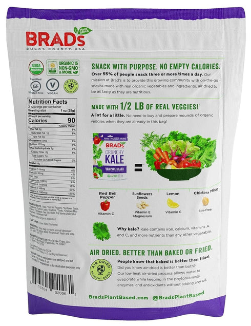 Pack, 3Bags, 6 Brad's Plant Based Organic Crunchy Kale Variety Vampire Killer/Original Probiotic/Cheez It Up, Servings