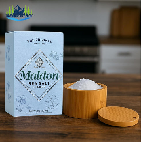 NORTHWARD SPIRIT Set 8.5 Oz Bamboo Salt Box Cellar Canister Gift With Maldon Sea Salt Flakes Box - Great For Salts