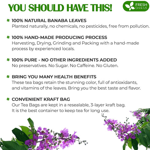 40 100% FreshDrinkUS, Premium Banaba Tea Bags, Natural & Pure from Banaba Leaves. Loose Leaf Banaba Herbal Tea. No