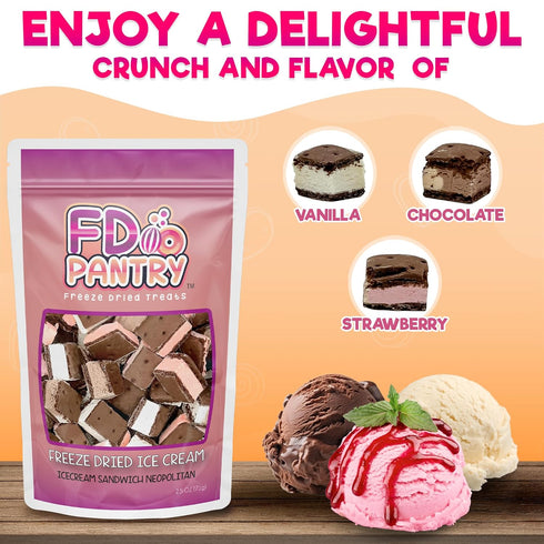 2.5 oz, 3 Pack Freeze Dried Ice Cream Sandwich Bites, Neapolitan, Crunchy & Sweet Snack, Dehydrated, Resealable Gift