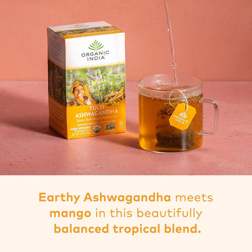 18 3 Pack ORGANIC INDIA Calming Tulsi Ashwagandha Herbal Tea - Holy Basil Tea with Ashwagandha Root, Supports Restful