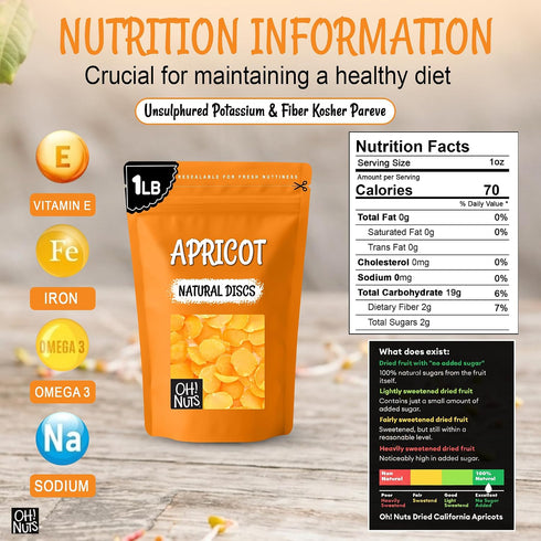1 lb Packed Oh! Nuts Dried Apricot Luscious Natural - - Dried Fruit Discs - Sweetened Thin Apricot Slices - Dehydrated
