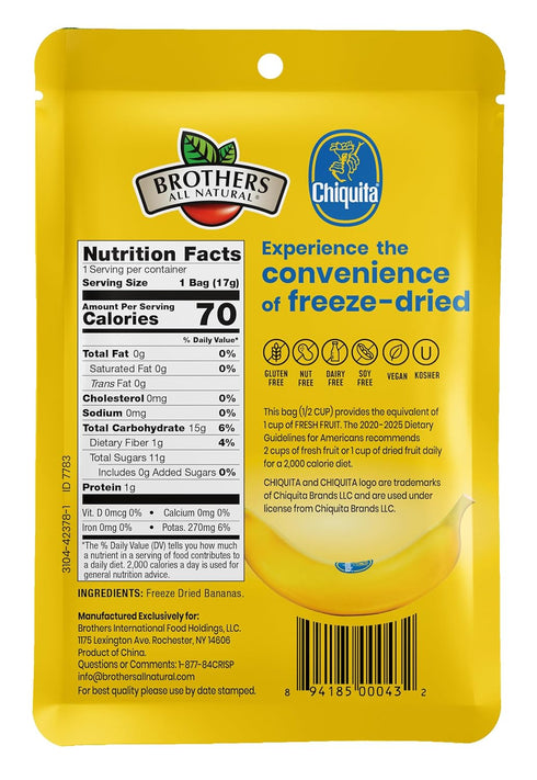 0.59 Oz (Pack 24), 100% Brothers All Natural Freeze Dried Fruit Crisps, Banana, of Made with Fruit, Gluten Free, Soy