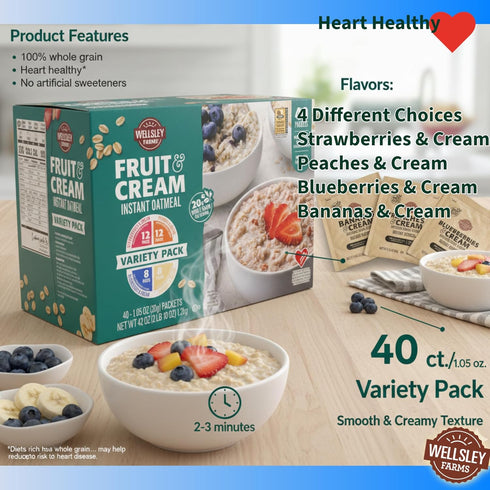 Wellsley Farms 40 Pack (8x 12x 8x 12x Fruit And Cream Instant Oatmeal Variety. Banana, Peach, Blueberry, Strawberry)