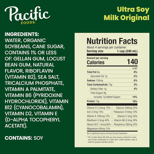 32 oz (Pack 5) Pacific Foods Original Ultra Soy Milk, Plant Based Milk, Carton