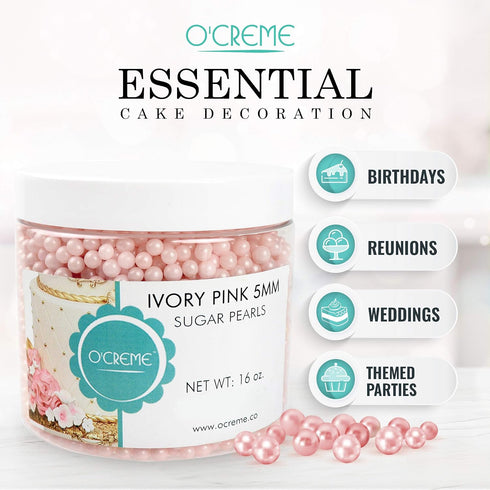 (6mm, 32 Oz) O'Creme Pink-Ivory Edible Sugar Pearls Cake Decorating Supplies for Bakers: Cookie, Cupcake & Icing