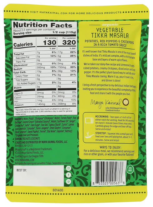10 OZ Maya Kaimal Organic Tikka Masala Vegetable Curry Meal