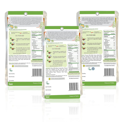 Food Earth Indian Simmer Sauces - Butter Chicken, Coconut Curry, Tikka Masala - Prepackaged, Microwavable, Easy to Store, Organic, Vegan, Gluten & GMO Free Cooking Sauces (6 Pouches x 5.29 oz)