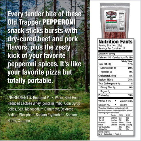 17-Ounce 9 150 (Pack Old Trapper Pepperoni Snack Sticks, Resealable Bag, Natural Wood Smoked Meat Sticks, Grams