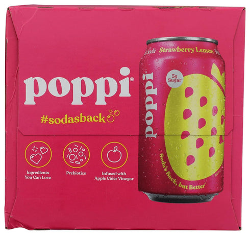 4 pack Poppi Strawberry Lemon Prebiotic Soda