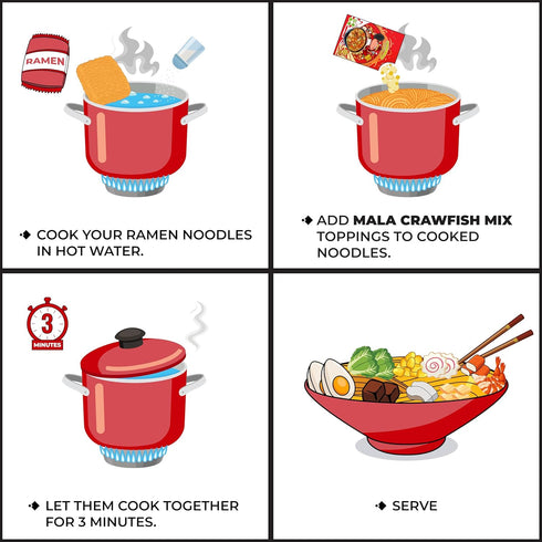CHIRAMEN Mala Crawfish Mix Ramen Toppings Crawfish, Fish Cake, Squid, Imitation Crab, Egg, Corn, Cabbage & Plant-Based