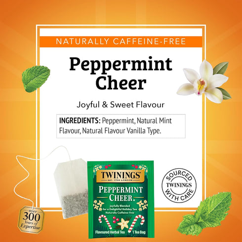 20 Count (Pack 1), 20 Twinings Peppermint Cheer Herbal Tea Individually Wrapped Bags, of Peppermint & Vanilla