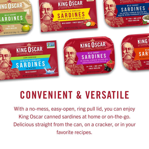 4.38 (Pack 1), King Oscar Sardines in Olive Oil, Ounce Cans of Skinless & Boneless, Wild Caught Canned Sardines