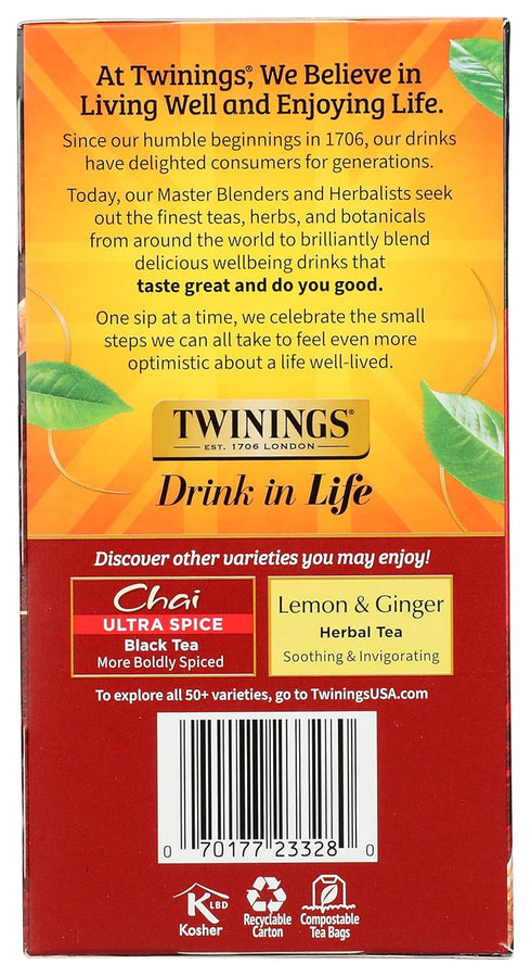 50 Count Twinings Chai Black Tea Individually Wrapped Bags, Sweet, Savoury Spices, Caffeinated, Enjoy Hot or Iced