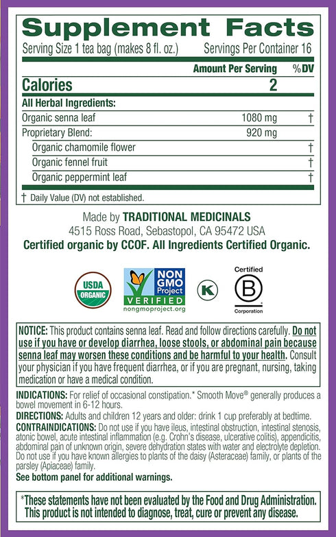 (Pack 3) 48 Traditional Medicinals Smooth Move Senna Chamomile Herbal Tea of - Tea Bags Total