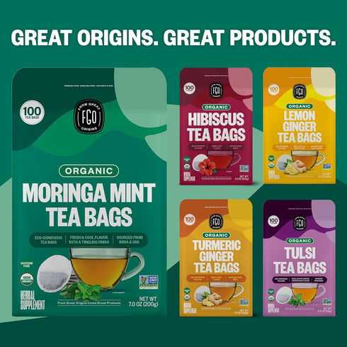 FGO Organic Moringa Mint Tea, 100 Count, Eco-Conscious Herbal Tea Bags, Caffeine Free, Resealable Bag (Pack of 1)