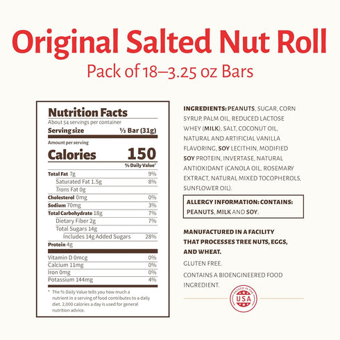 Pack 18-3.25 oz. Pearson's King Original Salted Nut Roll | Loaded With Crunchy Roasted Peanuts, Golden Caramel