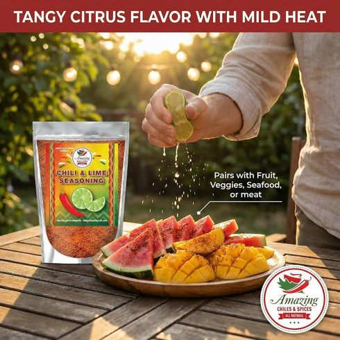 8 oz. Chili Lime Seasoning, Fresh Natural Peppers and Sea Salt with Lime. Tangy Citrus Flavor With Mild Heat, Pairs