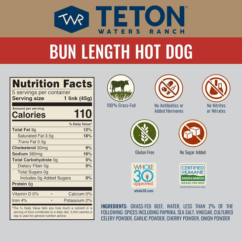 Teton Waters Ranch 100% 8oz Bun Length Uncured Beef Hot Dogs, Grass-Fed Beef, Fully Cooked, No Antibiotics or Hormones