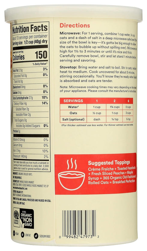 365 18 by Whole Foods Market, Organic Old Fashioned Rolled Oats, Ounce