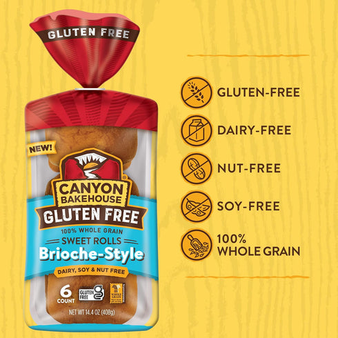 Canyon Bakehouse 6 Count Brioche-Style Sweet Rolls, Gluten Free Brioche Dinner Rolls, Fresh