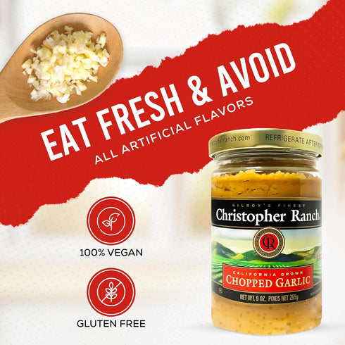 9 oz Christopher Ranch Chopped Garlic in Olive Oil, California-Grown Fresh, Ready-to-Use, Premium Quality, Gluten-Free