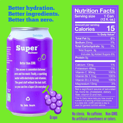 12 Oz, Pack 12 Super Seltzer Sparkling Water with Electrolytes and Vitamins, Grape Naturally Flavored, Fl of cans