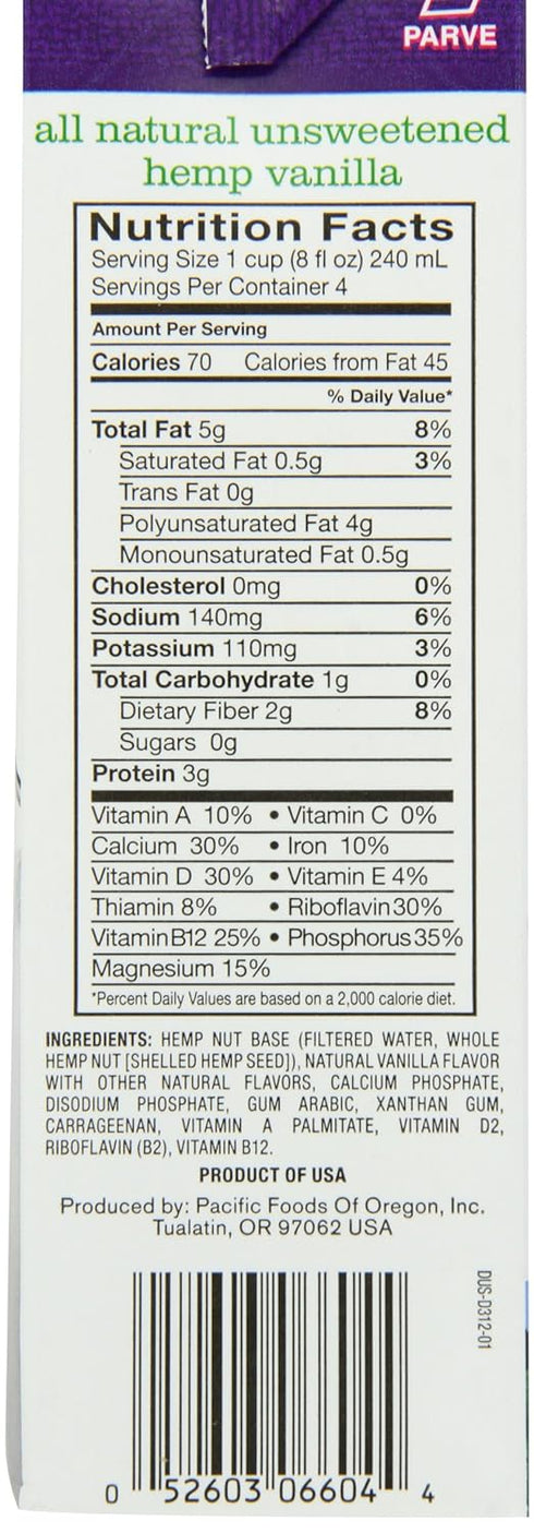Pacific Natural 6 Count Unsweetened Hemp Milk, Vanilla