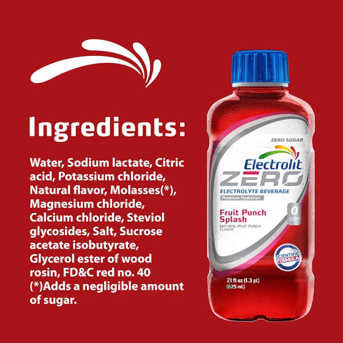 21 Oz (Pack 12) Electrolit Zero, Electrolyte Beverage, Fruit Punch Splash, Fl bottle