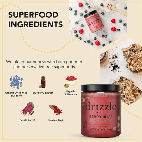 13.2 oz (375 Drizzle Berry Bliss Raw Honey - All Natural Pure Raw Honey with Organic Blueberry, Unfiltered & Unheated
