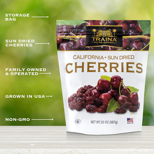 (20 Oz) Traina Home Grown California Sun Dried Bing Cherries - Healthy & Non-GMO, Natural Sweet Flavor Fruit No Sugar