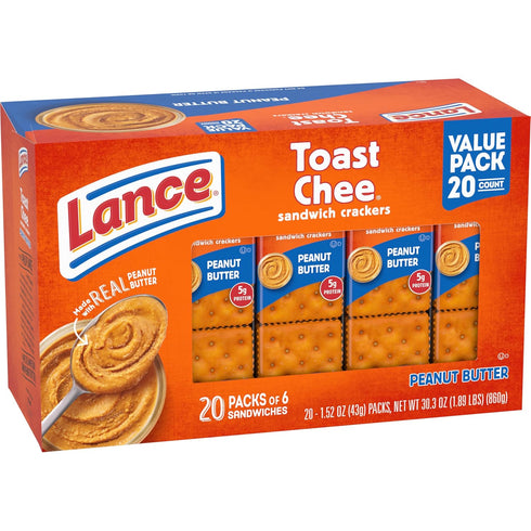 20 Packs, 6 Lance Sandwich Crackers, ToastChee Peanut Butter, Individually Wrapped Sandwiches Each