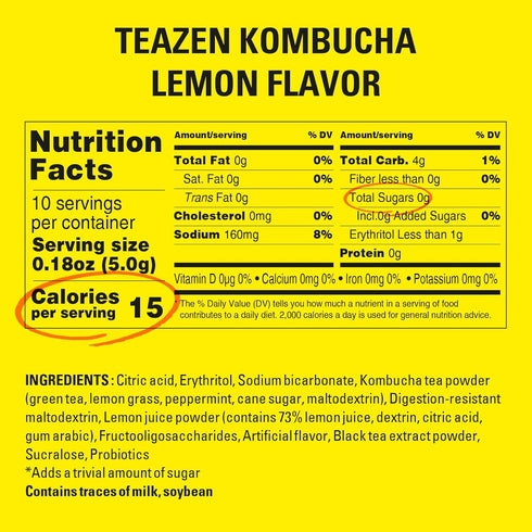 TEAZEN Lemon Kombucha Tea, Hydration Drink Mix, Sugar Free with Live Probiotics & Prebiotics, 10 Sticks