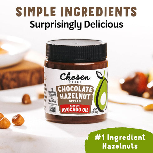 100% 40% Oil,12 oz 2-Pack Chosen Foods Chocolate Hazelnut Spread - Made with Pure Avocado Oil, Simple Ingredients, Less