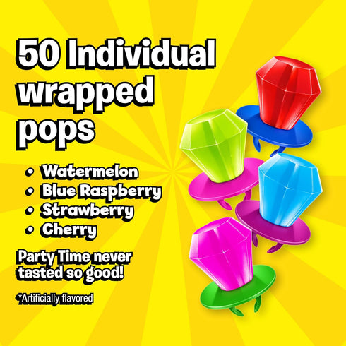 Pack- 50 Count Ring Pop Lollipops - Bulk Candy Individually Wrapped Suckers Variety Party w/Assorted Flavors - Hard