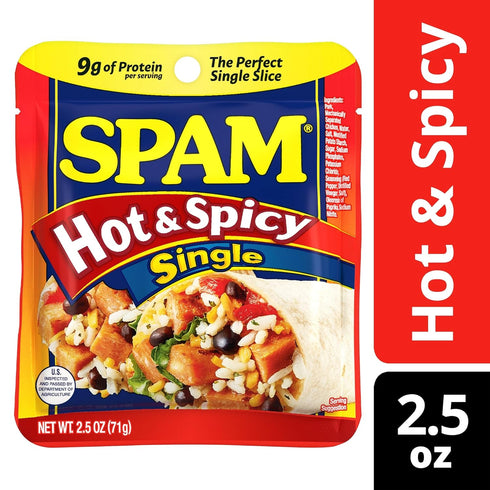 2.5oz (Pack 12) 9g 0g SPAM Single Hot & Spicy Individual Pouch of Fully Cooked Pork and Ham, of Protein, Trans Fat, Low