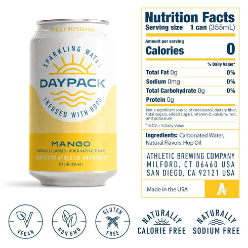 Daypack 12 Pack, 12 Oz Athletic Brewing Company Sparkling Water Infused With Hops, Gluten Free & Vegan Soda Water, Zero