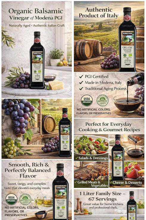 kirkland 1 (33.8 oz) 67 Organic Balsamic Vinegar of Modena - Liter - PGI Certified Italian - Premium Aged - Servings