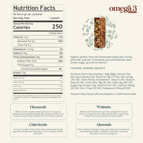 3 Omega-3 Omega-6, 66g Pack 6 Eat Omega Mega Os Cinnamon Granola Cereal Bites - Gluten-Free, Dairy-Free, Plant-Based