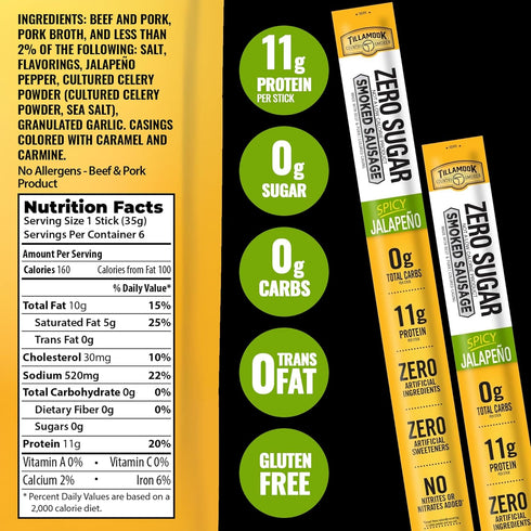 Country Pack (18 Count) 11g Tillamook Smoker Zero Sugar Beef & Pork Sticks Variety - Original, Spicy Jalapeno