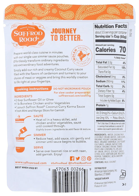 Simmer 7oz Saffron Road Coconut Curry Sauce, - Non-GMO, Gluten Free, Halal, Kosher, Vegetarian