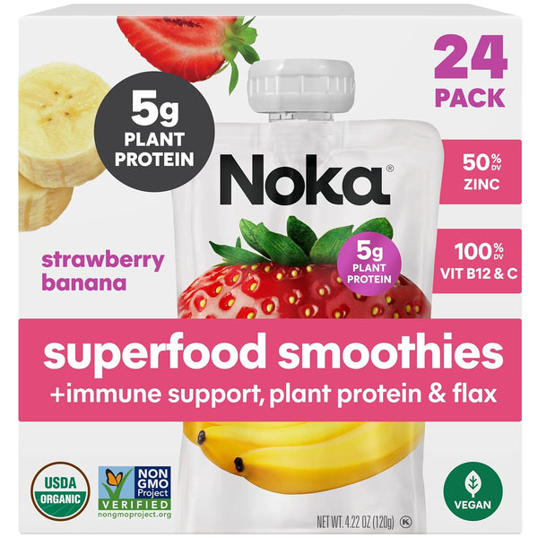Noka Superfood Fruit Smoothie Pouches with Immune Support, Strawberry Banana, Healthy Snacks