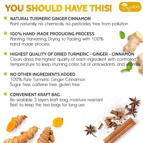 120 Bags Premium Turmeric Ginger Cinnamon Tea, Improve Digestion, Support Brain, Weight, Skin and Sleep, Eco-Conscious
