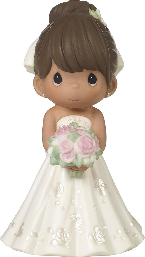 Precious Moments Perfect Couple Bride Figurine - Brunette Hair, Medium Skin Tone, Bisque Porcelain Wedding Cake Topper,