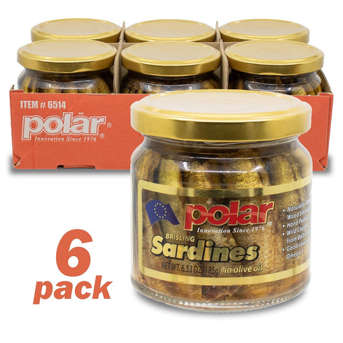 6.5oz (Pack 6) Hand-Packed, Omega-3, MW Polar Naturally Alder Wood Smoked Brisling Sardines in Olive Oil, Jar of |