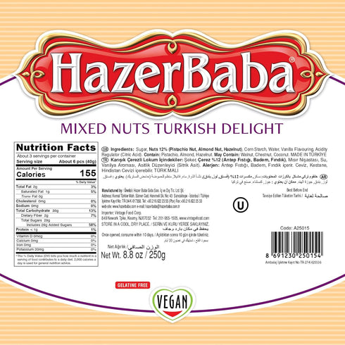 8.8oz (Pack 1), Hazer Baba Turkish Delight Candy with Pistachio, Almond & Hazelnut, of Gourmet Snack Box, Traditional