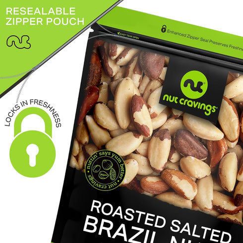 (16oz 1 LB) Packed NUT CRAVINGS - Brazil Nuts Roasted & Salted - No Shell, Whole - Fresh in Resealable Bag - Healthy