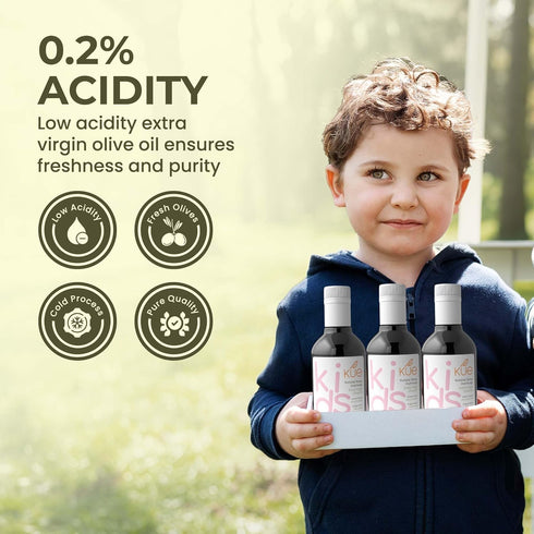 8.45 oz 14kg 0.2% (250 ml) Kue Kids Extra Virgin Olive Oil, fl - Cold Pressed Early Harvest EVOO, High Polyphenol Olive