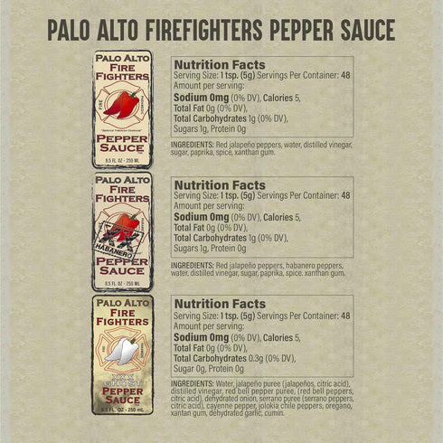 (8.5oz) Pack 2 Palo Alto Firefighters Pepper Sauce - of - Salt Free Pepper Plant Hot Sauce, No Sodium Hot Pepper Sauce